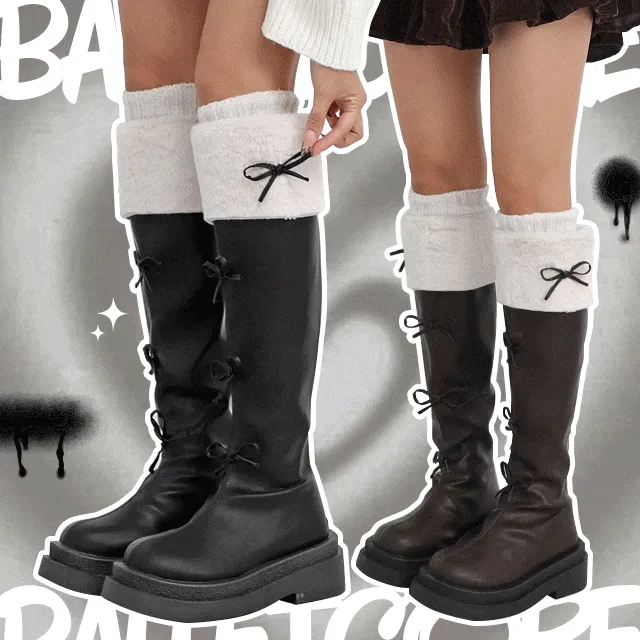 ⚡당일출고⚡키치💖 리본 발레코어 니하이 백지퍼 통굽 플랫폼 롱부츠 부츠 신발 겨울 방한 윈터 L-12135