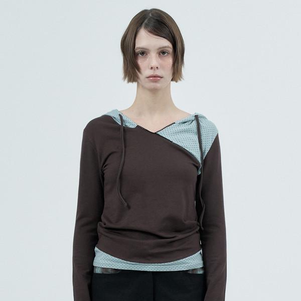dot wrap layered hoodie / brown
