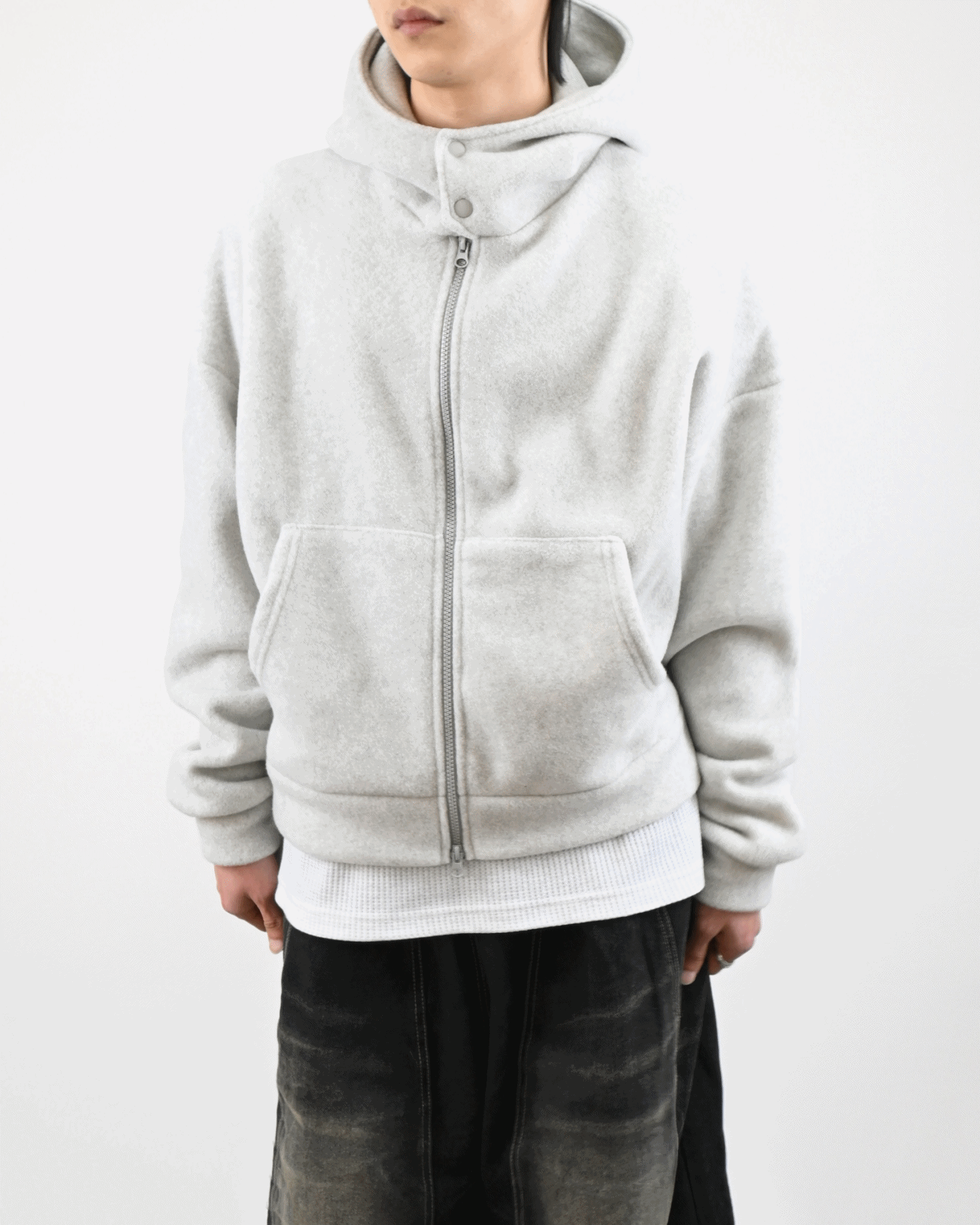 button fleece hooded zip-up