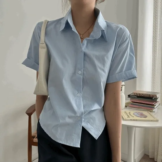 [비침X,베이직] 8컬러 제이 크롭 카라 코튼 반팔 셔츠