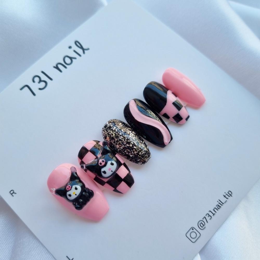 키치쿠로미 수제 네일팁 산리오 네일 체커보드 드로잉 덩어리 네일 쿠로미 네일아트