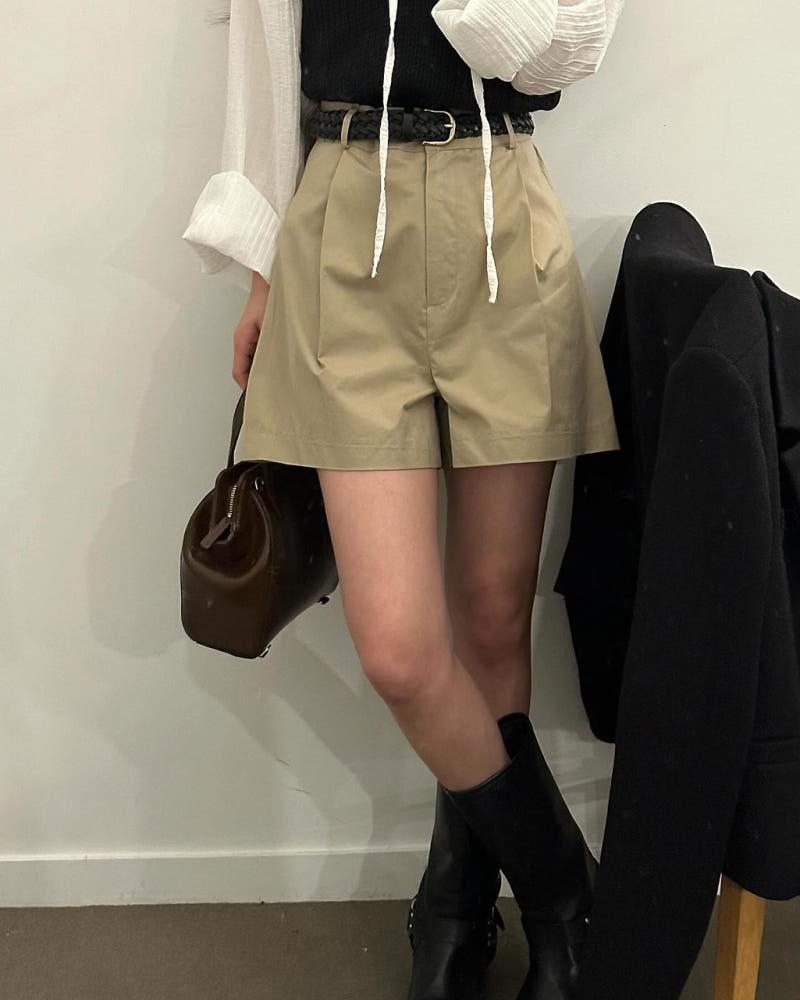 머놀 여성 코튼 하이웨스트 핀턱 와이드 반바지 팬츠