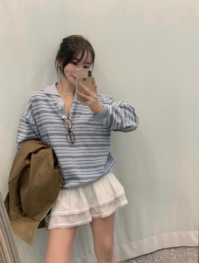 루즈핏 솜사탕 스트라이프 카라 니트