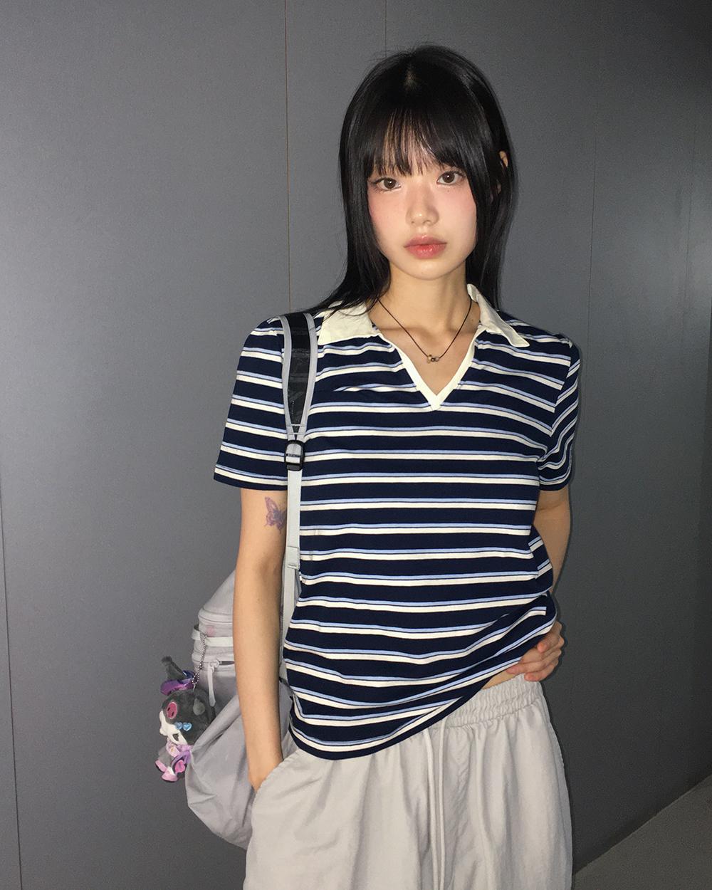 원더원더 모폴 웨스턴 스트라이프 PK 카라 반팔 티셔츠
