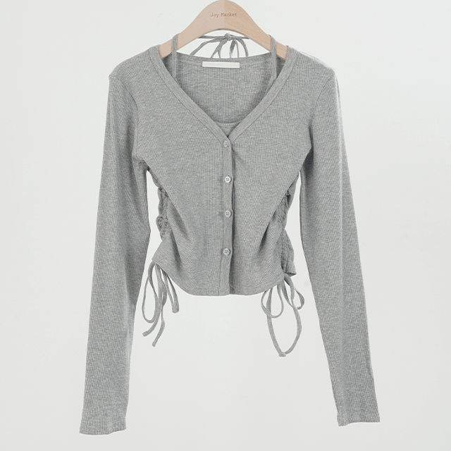 [가을신상/대박예쁨!!] 홀터넥 나시 레이어드 옆 셔링 단추 니트 가디건