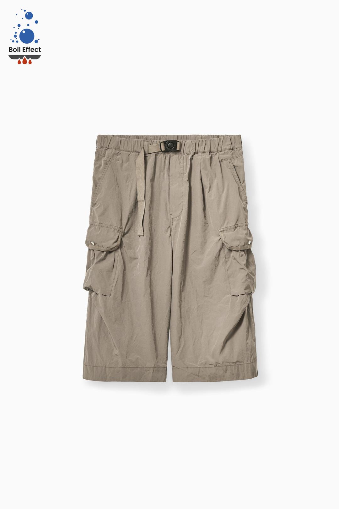 BEIGE BOIL EFFECT WASHED THREE QUARTER CARGO PANTS (ECP GARMENT PROCESS)