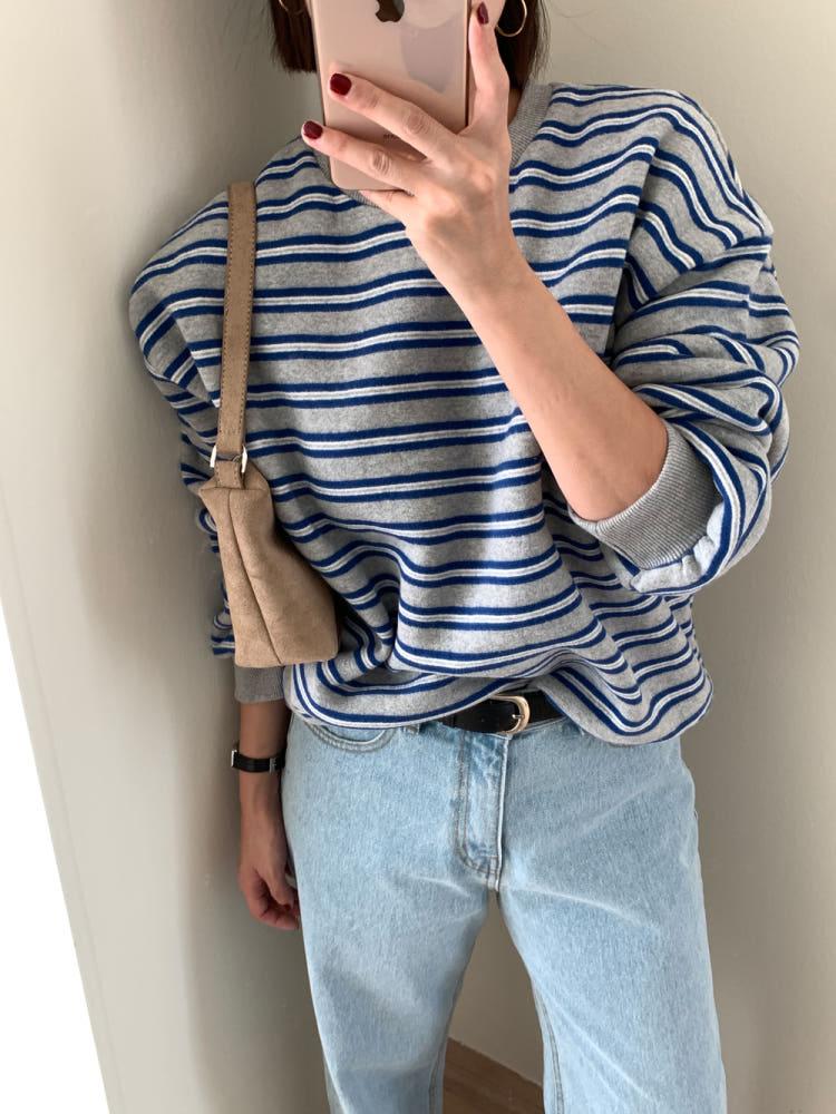 기모 스트라이프 맨투맨 (그레이)