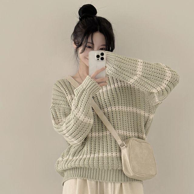 [도톰,폭닥!/여리여리~] 보호본능 아방핏, 하찌 단가라 브이넥 벌룬 루즈 긴팔니트 (4color)_앤드모어