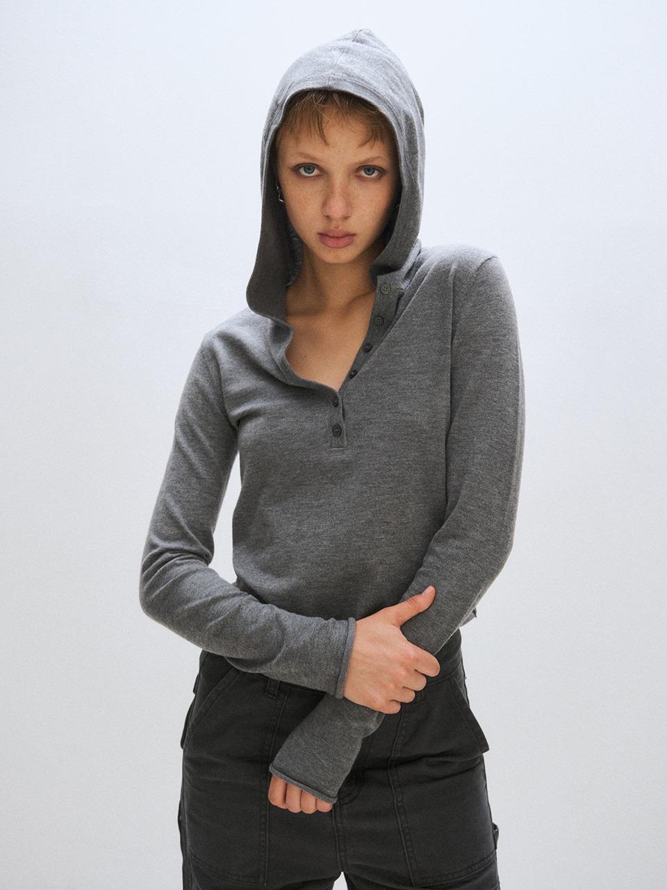 [PLZPROJECT]OPEN HOOD KNIT, HEATHER GRAY