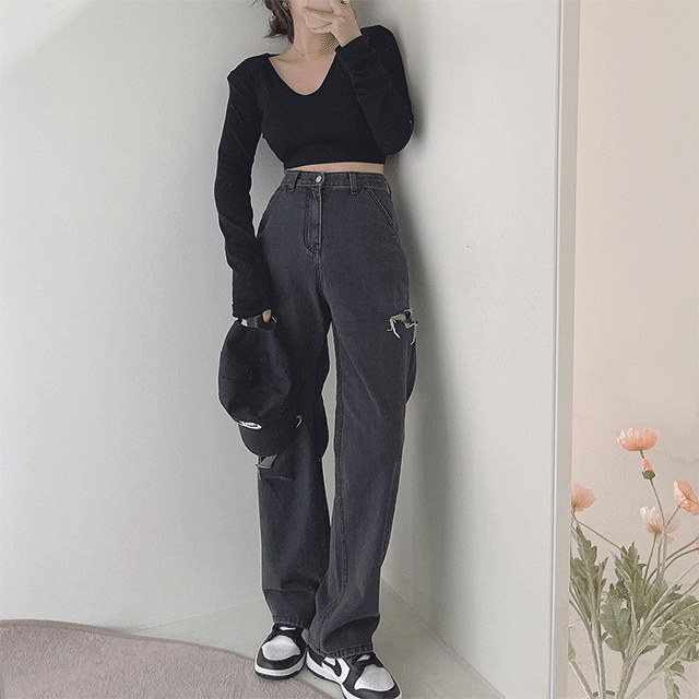 흑청 와이드 컷팅 청바지