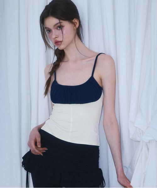 Two Color Shirring Sleeveless [Navy]