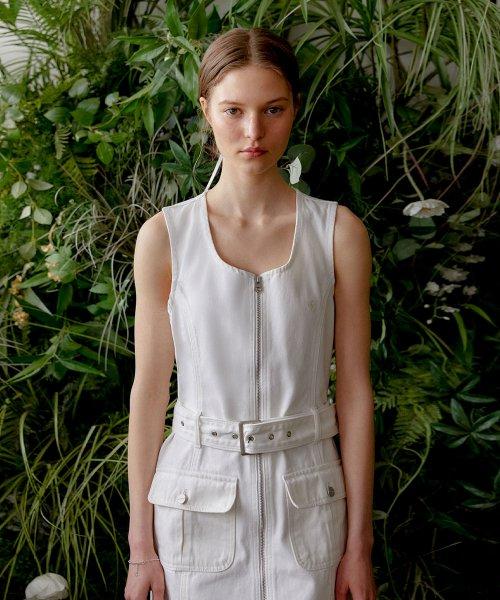 민소매 벨트 데님 원피스 아이보리