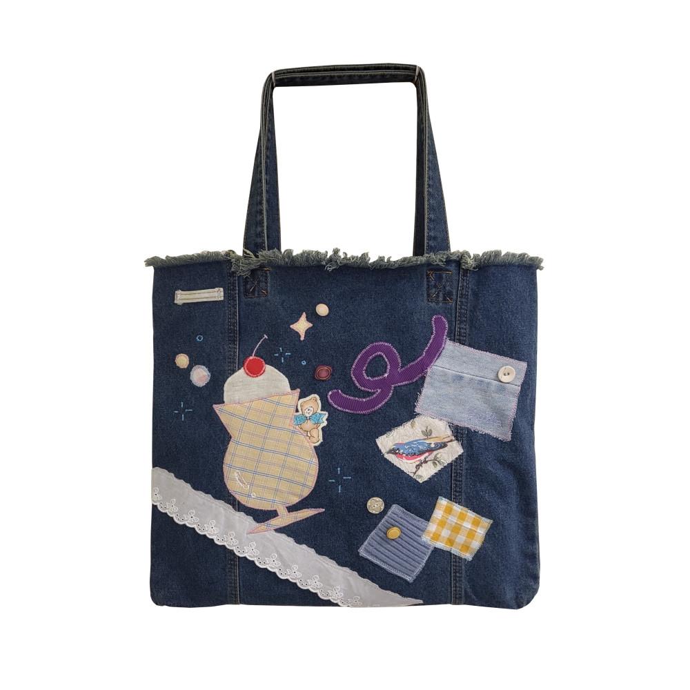 소다 숄더백 가을 데일리 에코백 사각 진청 데님 패치워크 자수 업사이클