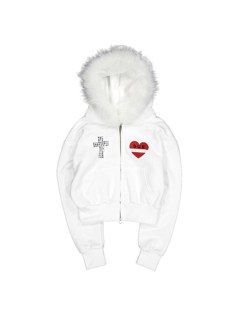 FUR TRIMMING HOODED ZIP-UP / WHITE