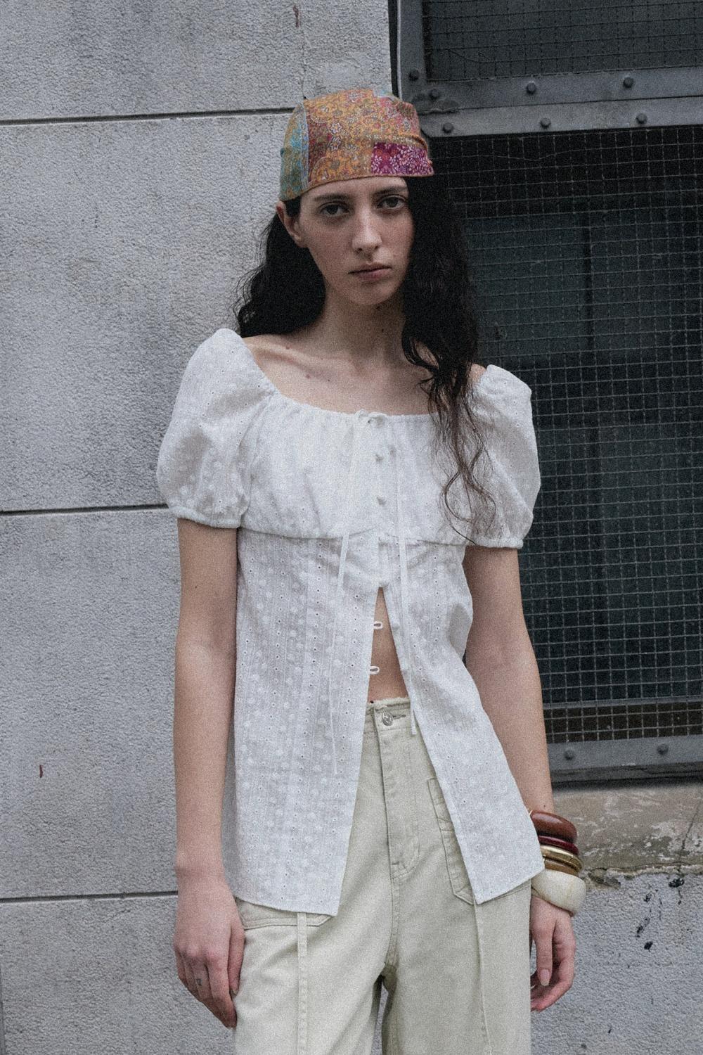 Eyelet Embroidered Puff Sleeve Blouse, Ivory