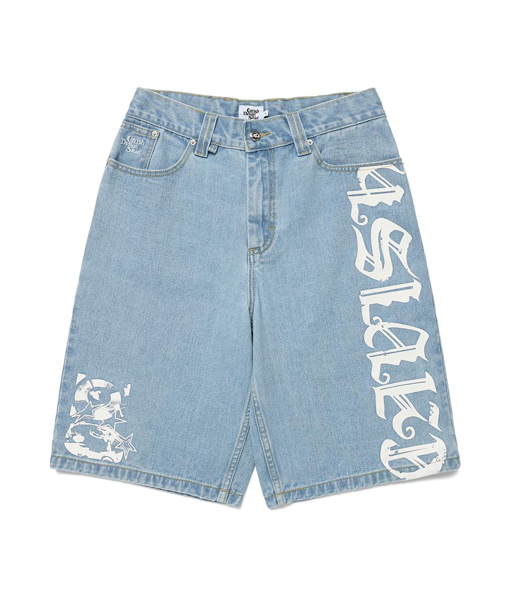 OVERSIZE PRINTED DENIM SHORTS[BLUE]