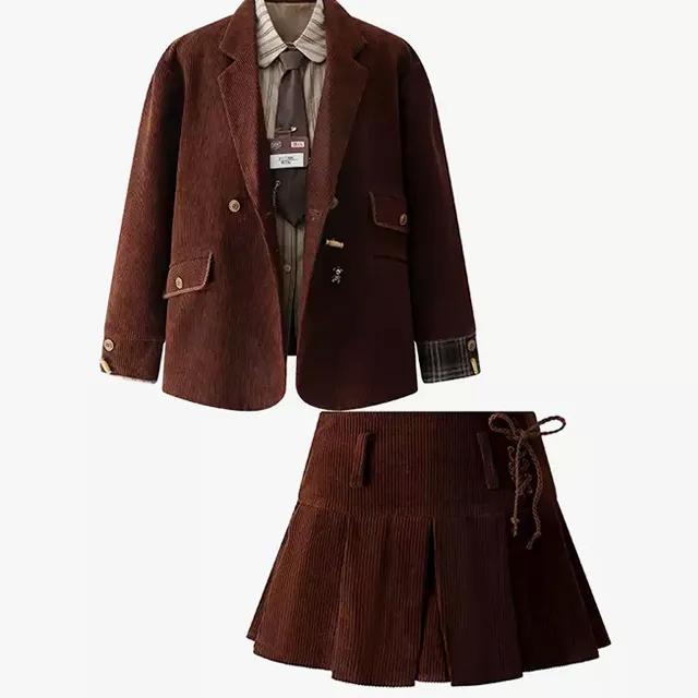 AS743 1+1+1 코듀로이 블레이저 자켓+스트라이프 셔츠+미니 스커트 3피스 세트