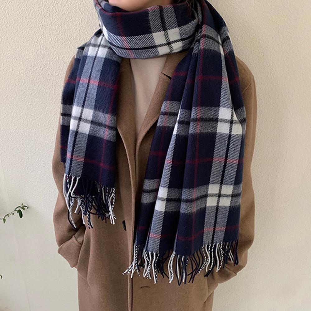 [국내제작] 네이비 핑크줄 하운드체크 와이드폭 숄 머플러 남자 여자