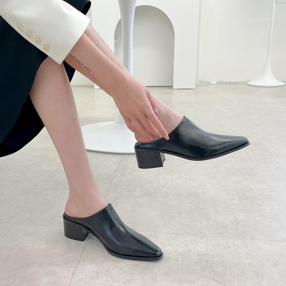 아테린 발편한 여성 스틸레토 통굽 뮬 힐 슬리퍼 5cm