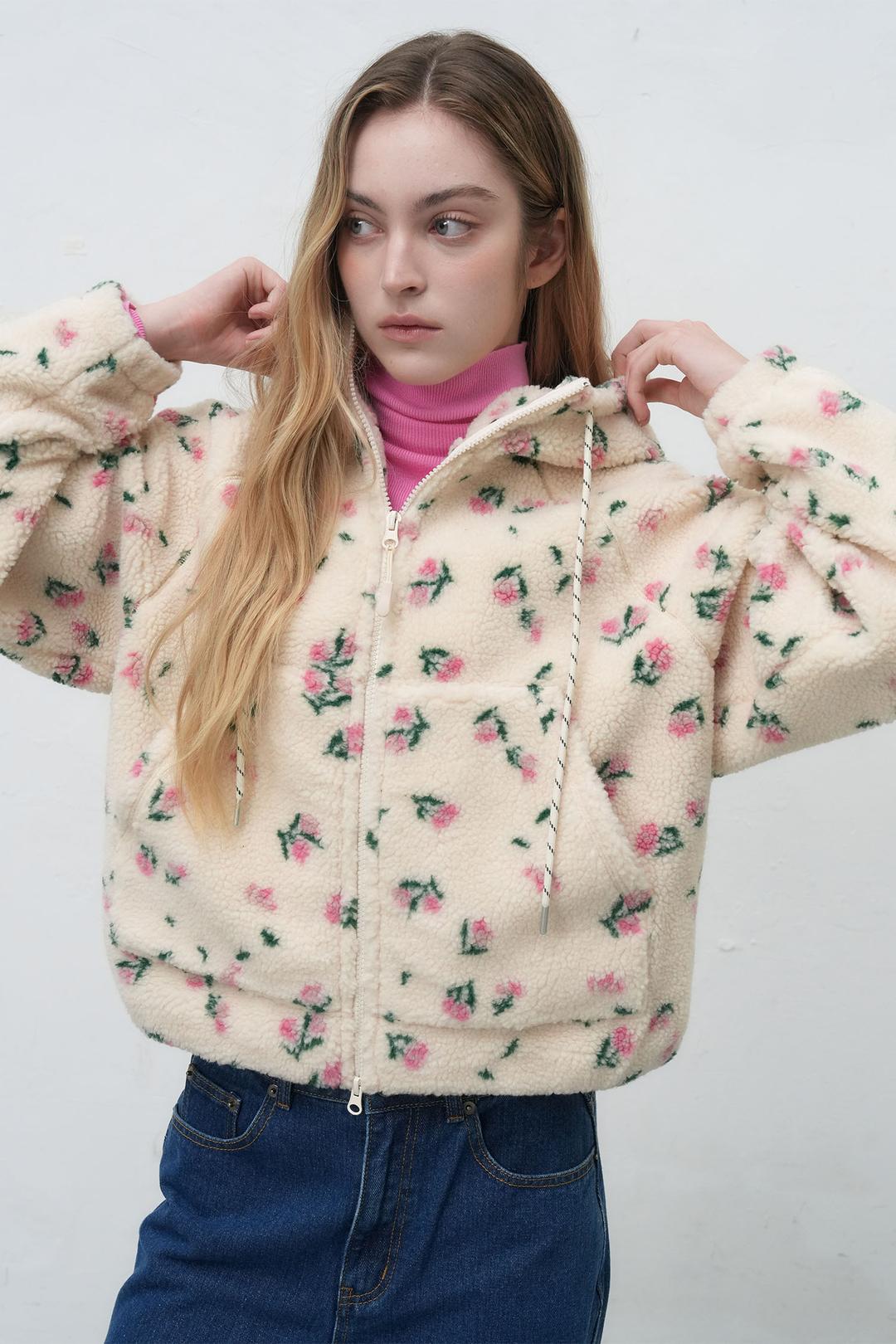 WOMAN 후드집업 플라워 플리스 점퍼 [CREAM]