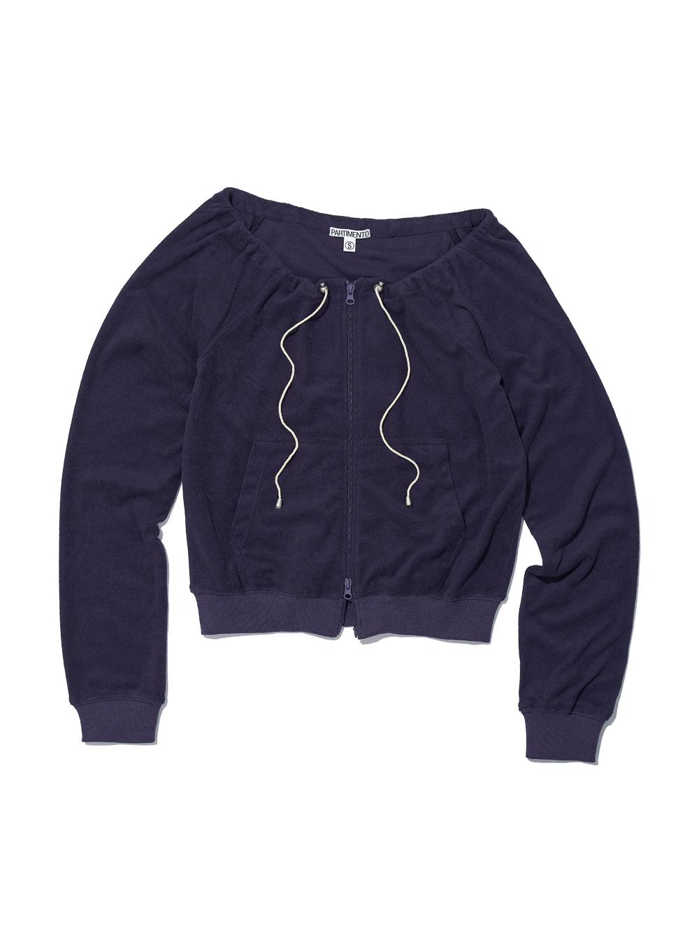 [WOMEN] TERRY DRAWSTRING OFF-SHOULDER ZIP-UP TOP_PLUM