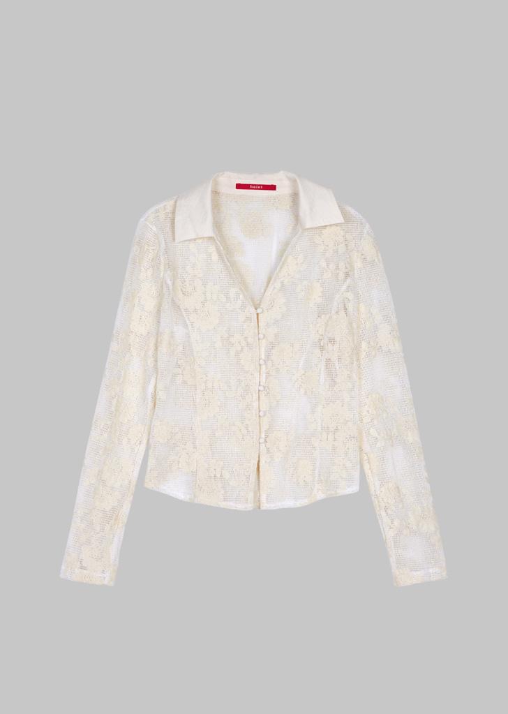 SEE-THROUGH DEEP V-NECK LACE BLOUSE_IVORY