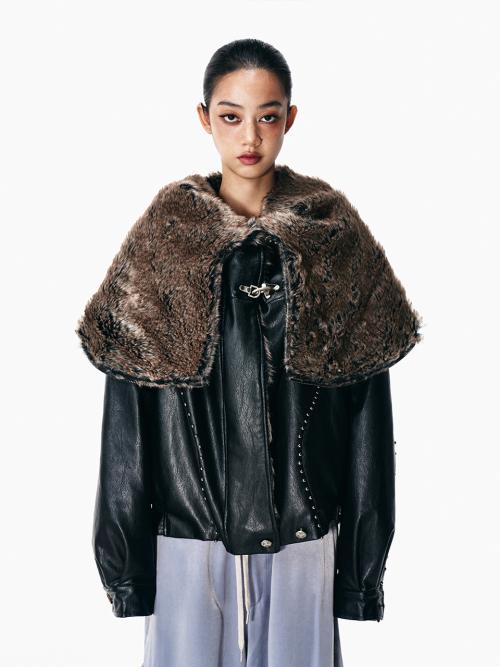 FOLD-OUT HOODIE SHAWL FUR JACKET BLACK