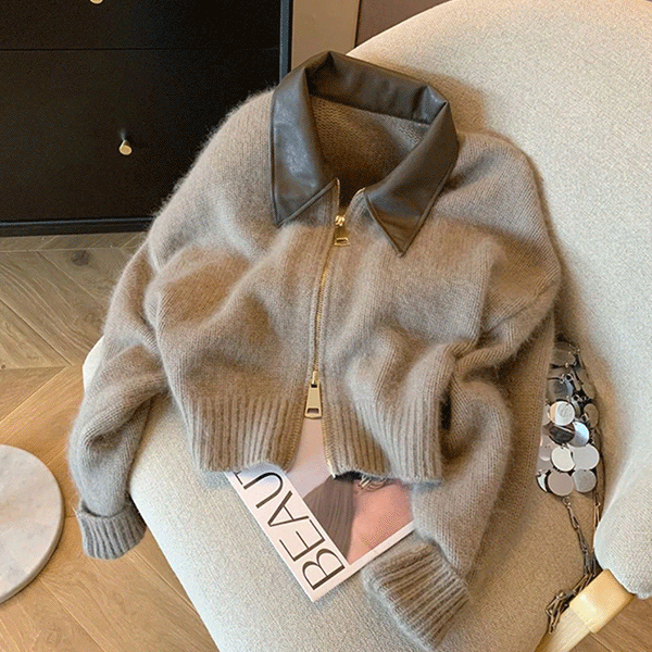 [겨울신상/유니크] 럼블 레더카라 니트 가디건 - cd29337