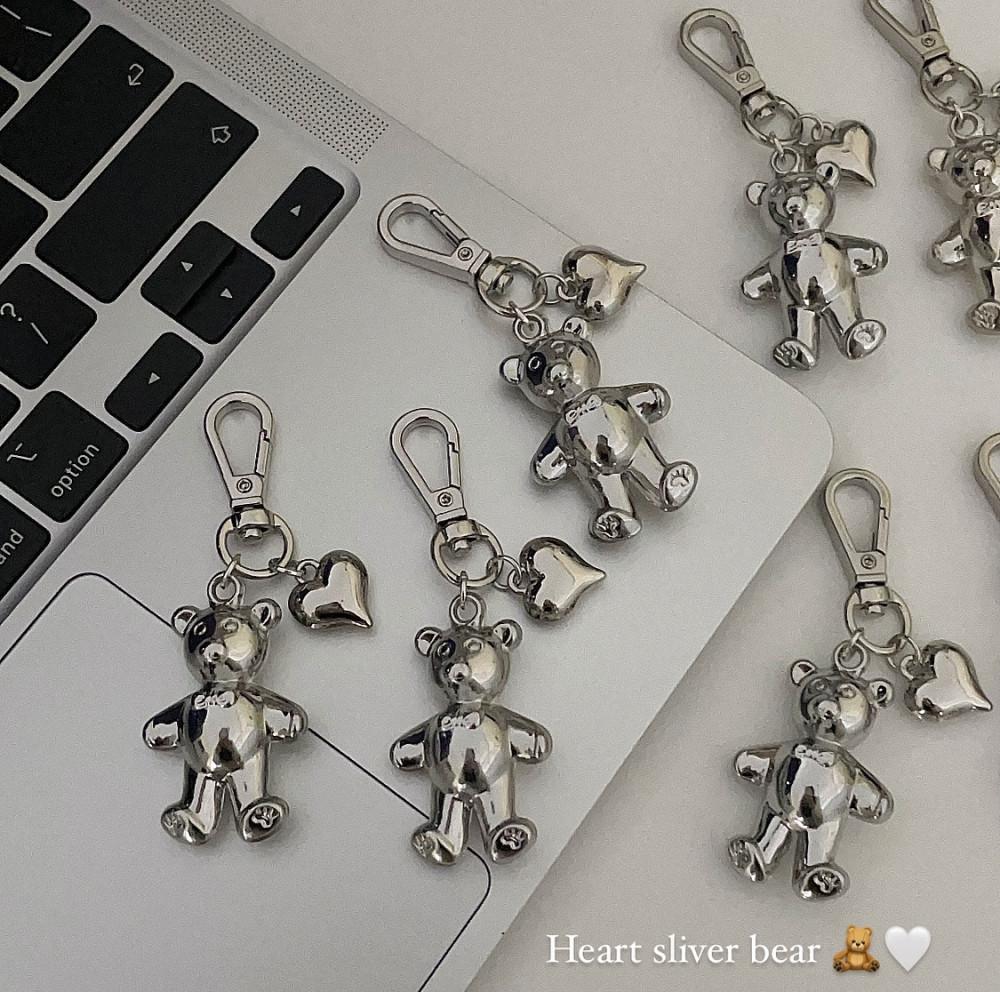Heart silver bear keyring