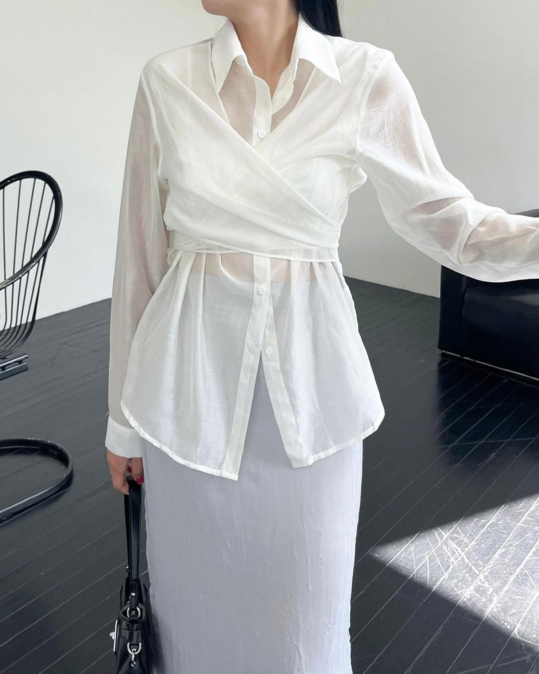 르나 시스루 트위스트 랩 셔츠 [3co] *베이지 당일발송