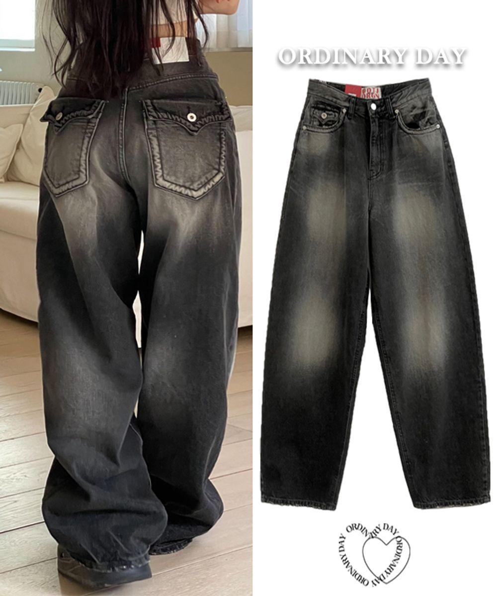 보통의날 (OOTJ)린지 포켓 와이드 데미지 롱 블랙 데님 팬츠 one color/2 Size