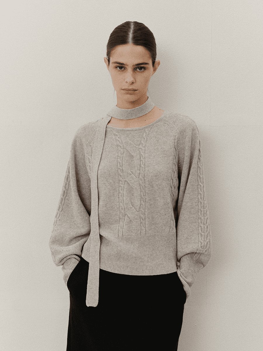 TVF MUFFLER CABLE WHOLEGARMENT KNIT TOP_L-GREY