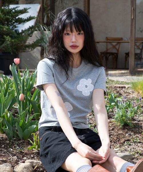 WXT043 솜사탕 레이스 아플리케 반팔 티셔츠 (MELANGE GRAY)