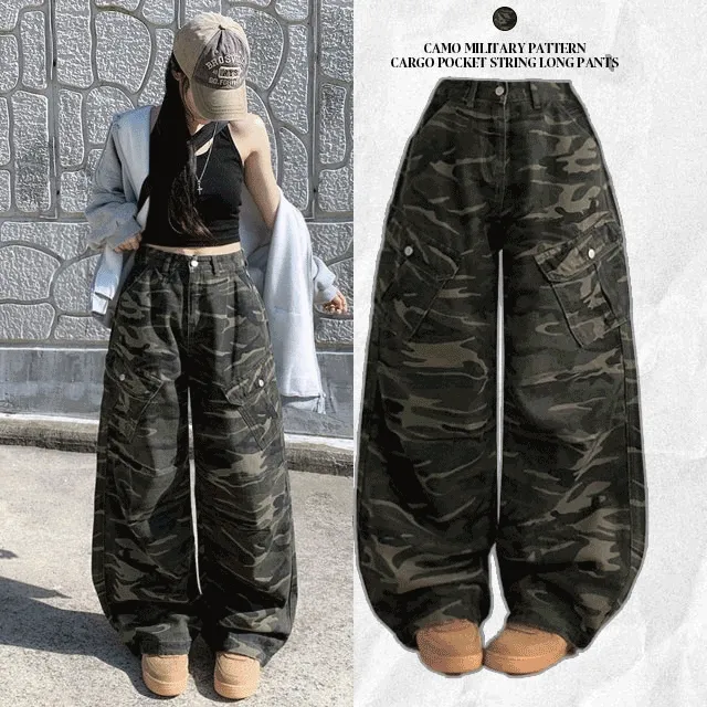 당일배송⭐️[MADE/스트릿힙🖤/신상메가할인!] 카모 밀리터리 하이웨스트 카고포켓 스트링 와이드 롱팬츠