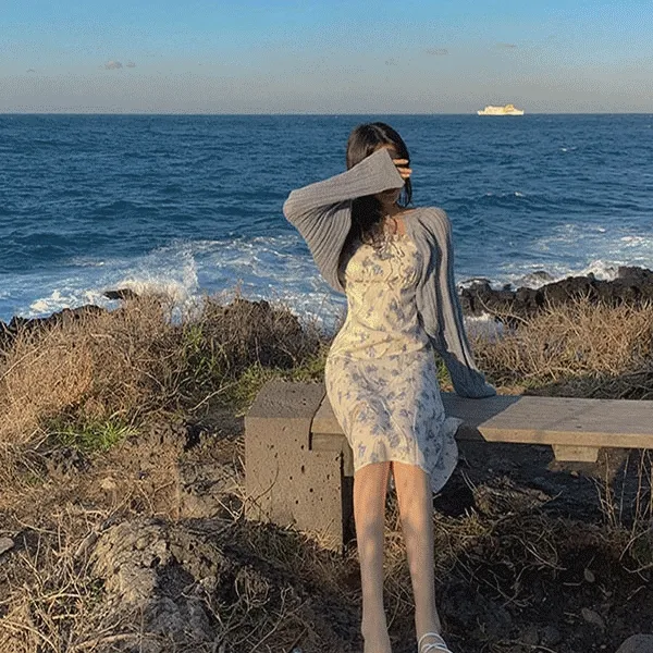 [러블리룩!] 바다 잔꽃 플라워 레이스 트리밍 나시 원피스 볼레로 가디건 세트