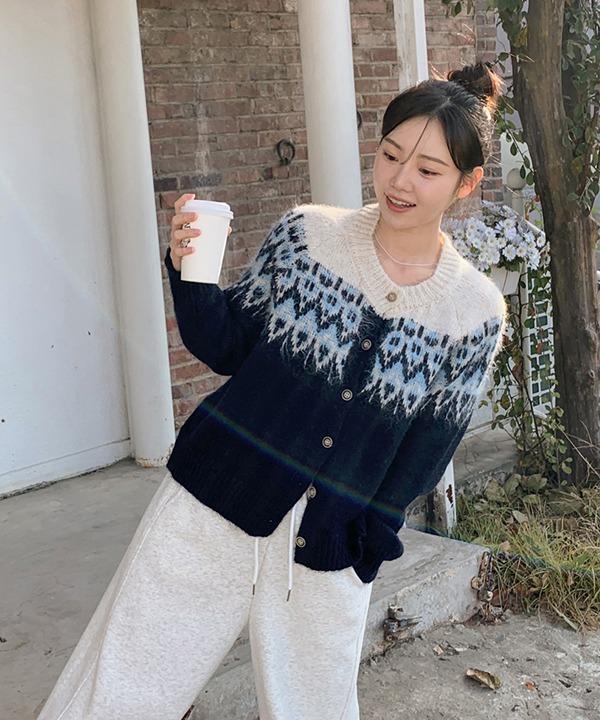 [기획특가][부드러움💗]삿포로 자가드 배색 노르딕 울 니트 가디건 (3color)