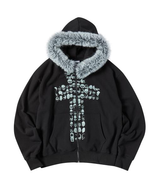 크로스 스켈레톤 퍼 후드 집업 블랙