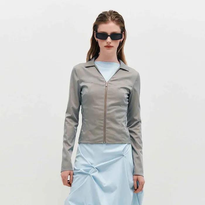 V-Neck Sleek Zip-Up _ GREY