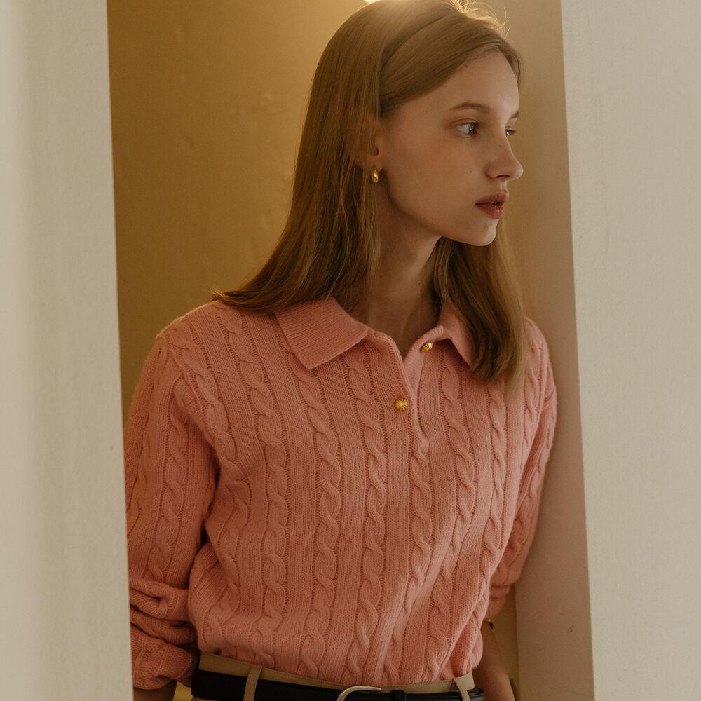 [예약배송]Cable collar neck knit top_Coral