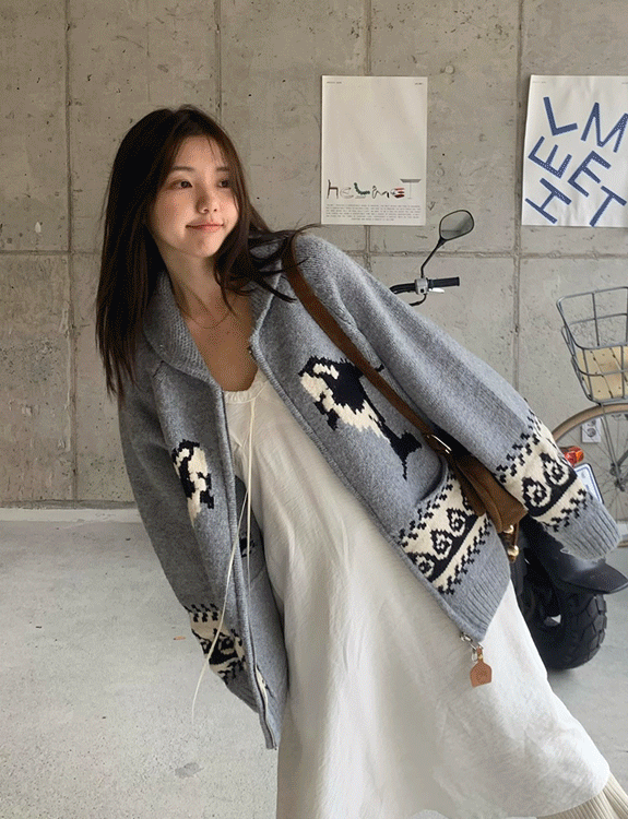 위드윤 [🐬돌고래포인트니트 집업/여행룩 or 데일리룩 or 커플룩착용가능/쥔장원피스룩코디 강력 추천] 범고래 코위찬 니트 집업