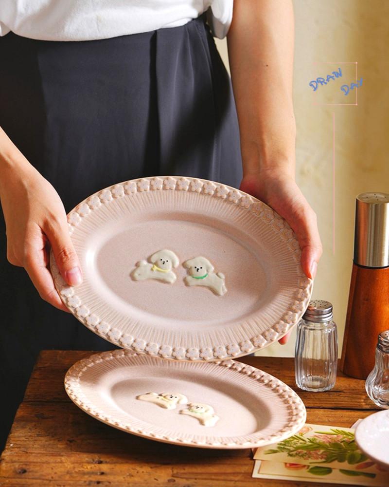 벚꽃 비숑 오발접시 디저트 플레이팅 예쁜 앞 그릇 접시