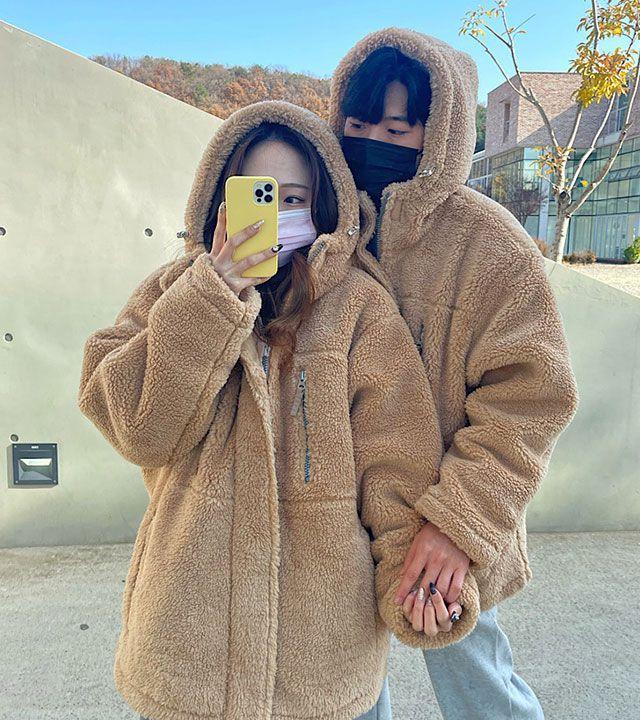 [누빔/커플룩] 커플 남여공용 겨울 오버핏 빅사이즈 누빔 양털 후리스 뽀글이 자켓 양털자켓 털옷 투웨이집업 커플룩 시밀러룩 데이트룩