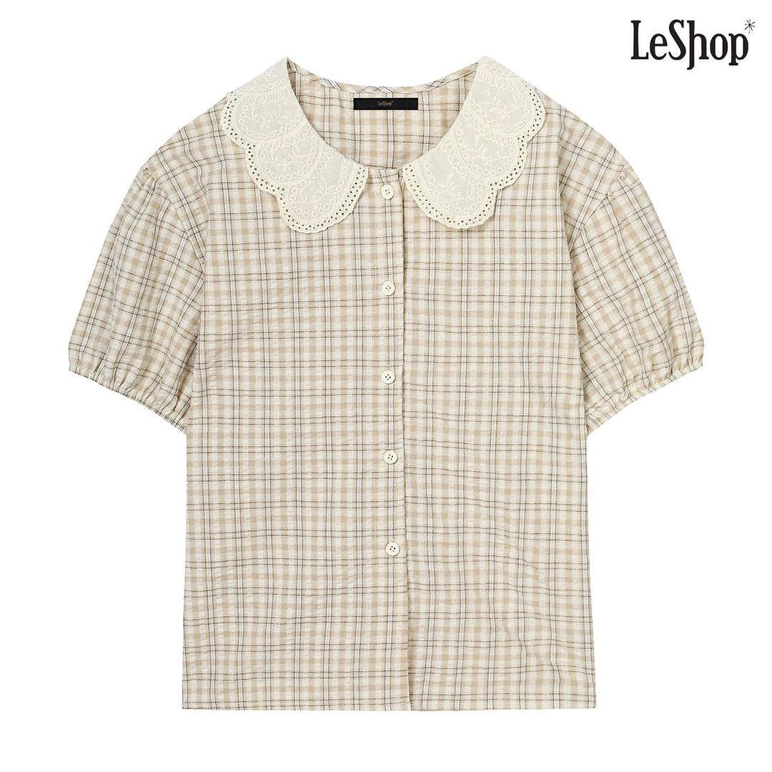 레이스 물결 펀칭 카라 체크 반팔 셔츠 (DO2BA008A)