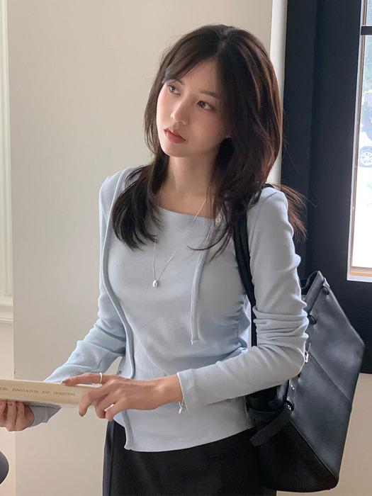 DIAGONAL NECK RIBBED SHIRRING T-SHIRT SK