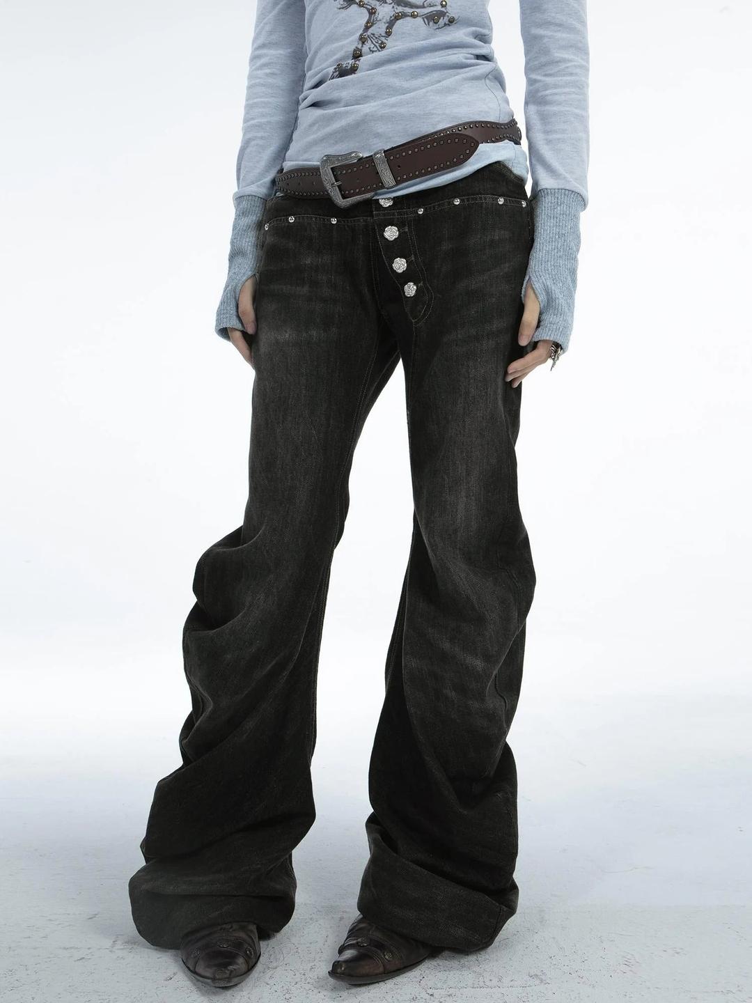 Stacked Flared Pants For Women Black Grey Denim Stretch Jeans