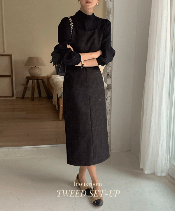 푸딩 트위드 뒷리본 슬리브리스 뷔스티에 투피스 세트 일자 H라인 하객룩 롱 원피스