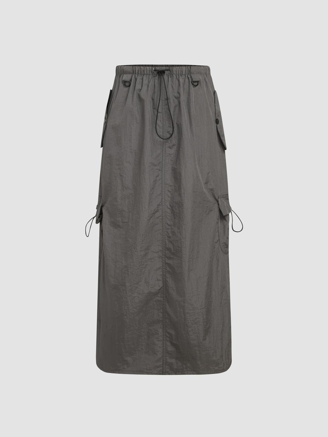 Solid High Waist Cargo Parachute Skirt