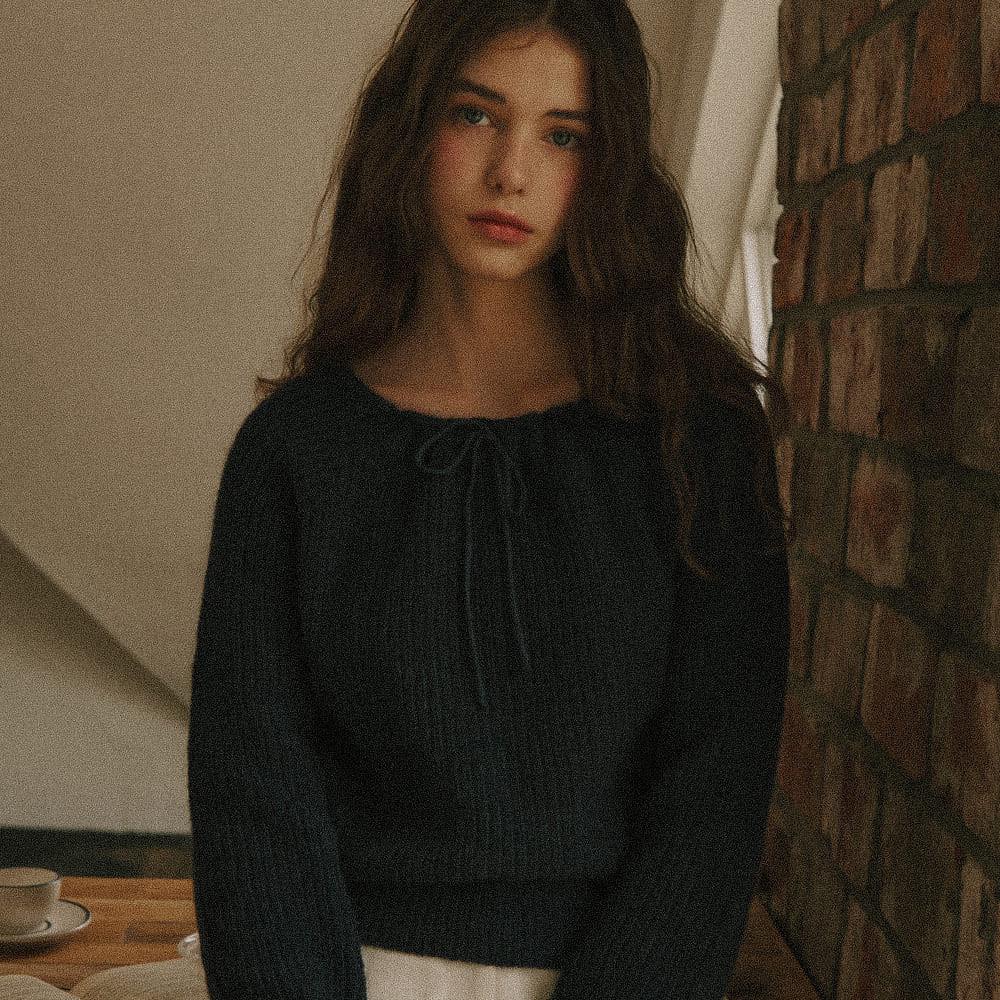 RIBBON STRING BOW MOHAIR KNIT NAVY