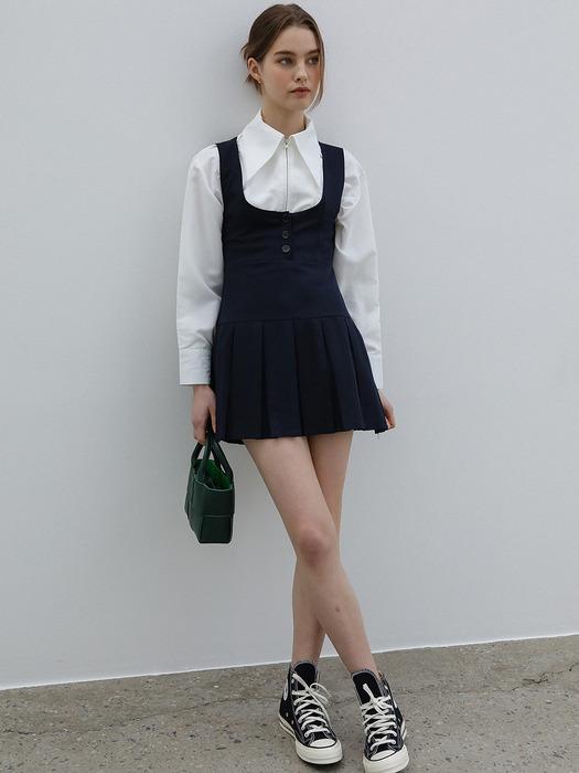 Pleats Skirt Slim Vest Onepiece(NAVY)