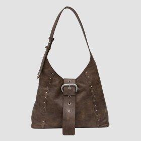 STUD LEATHER SHOULDER BAG BROWN